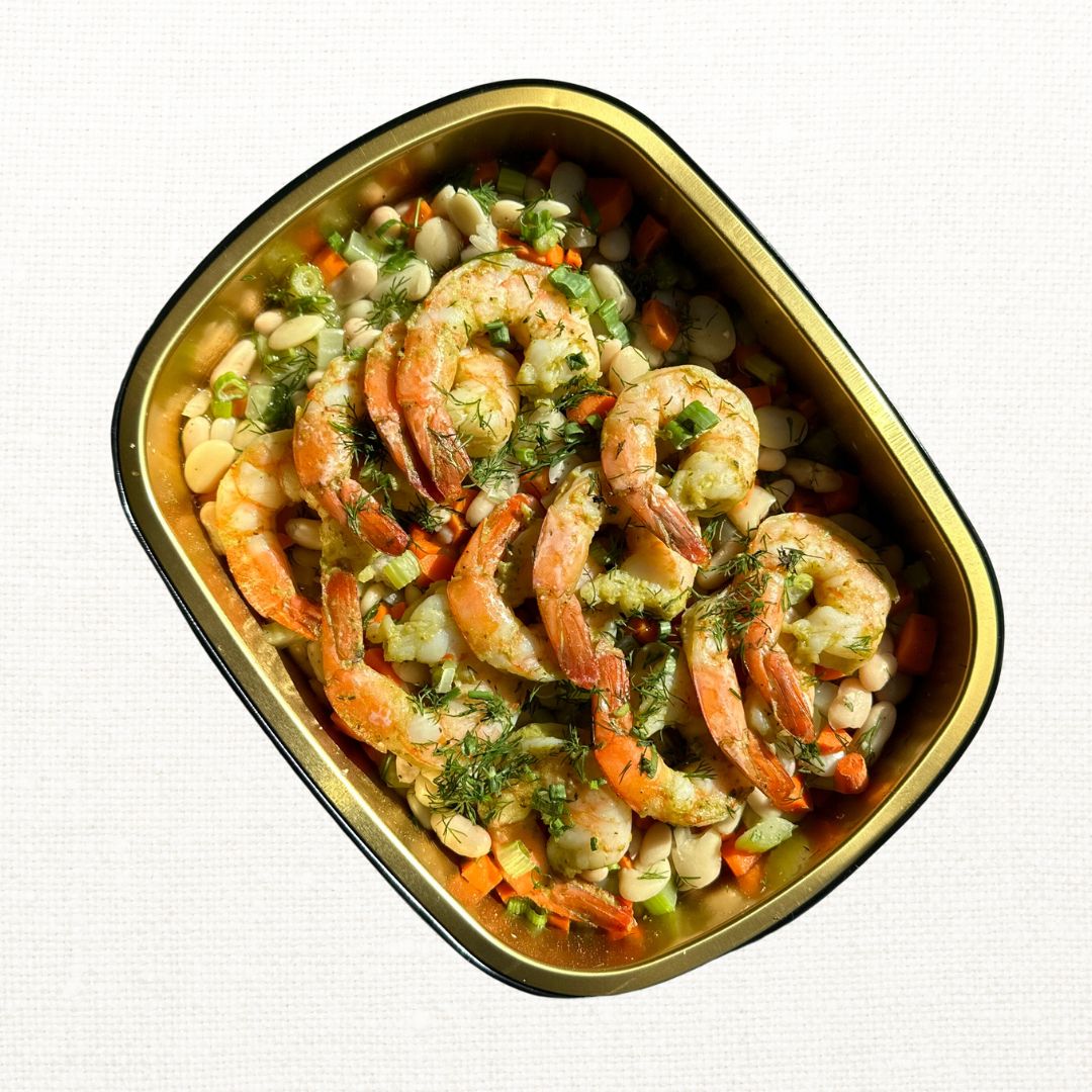 Seared Lemon Shrimp with Braised White Beans and Croutons