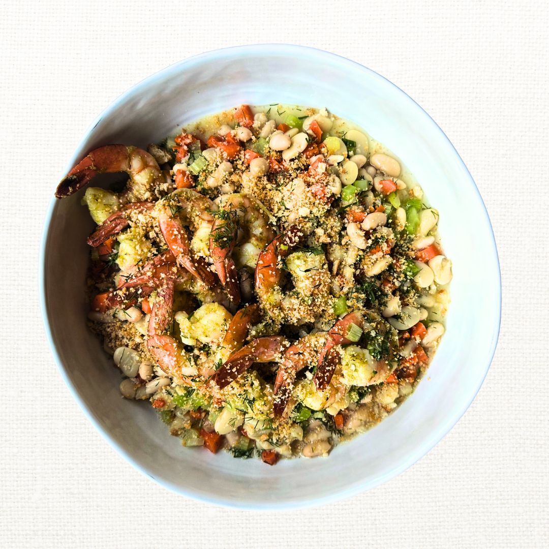 Seared Lemon Shrimp with Braised White Beans and Croutons