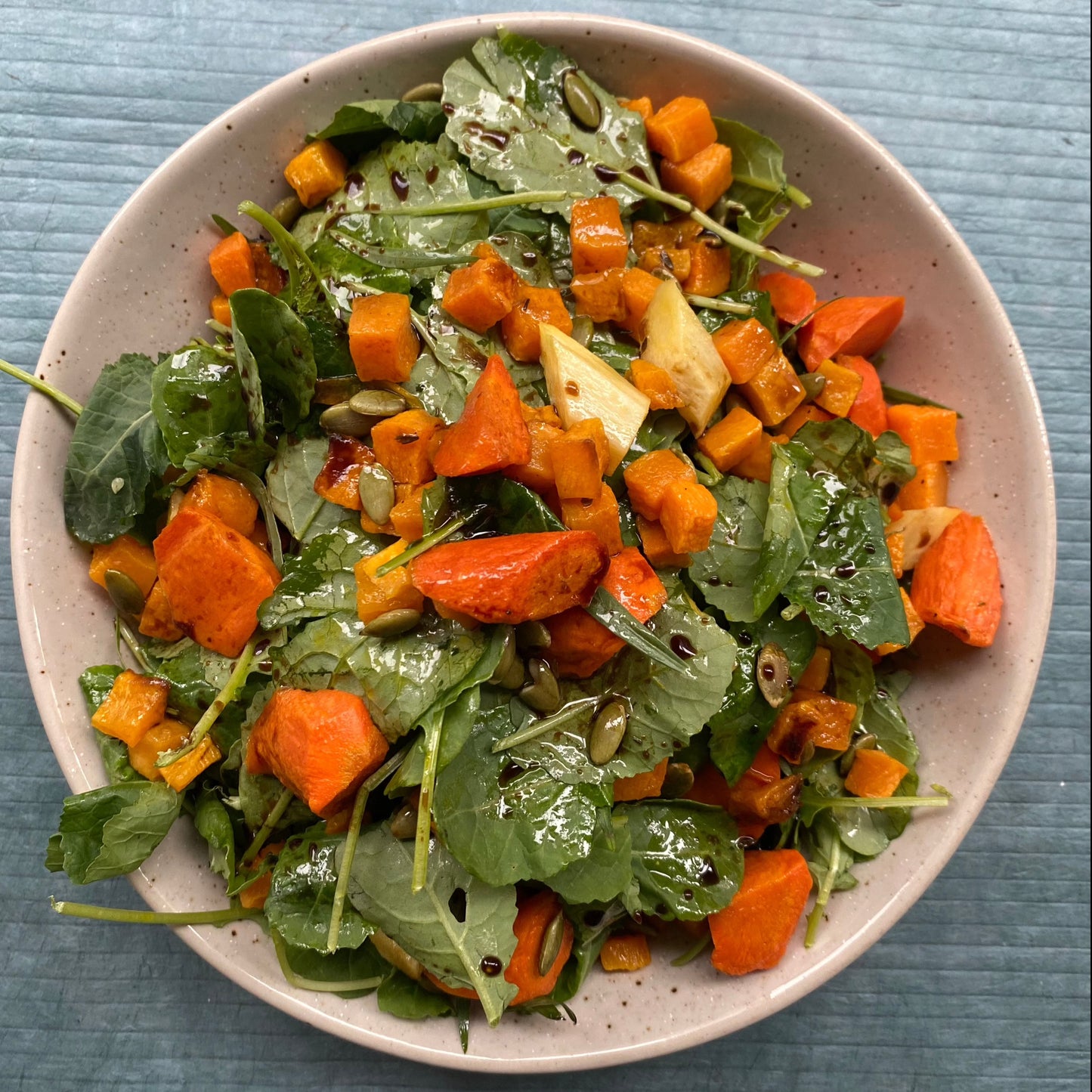Miso Delicata Squash with Baby Spinach & Spicy Pumpkin Seeds