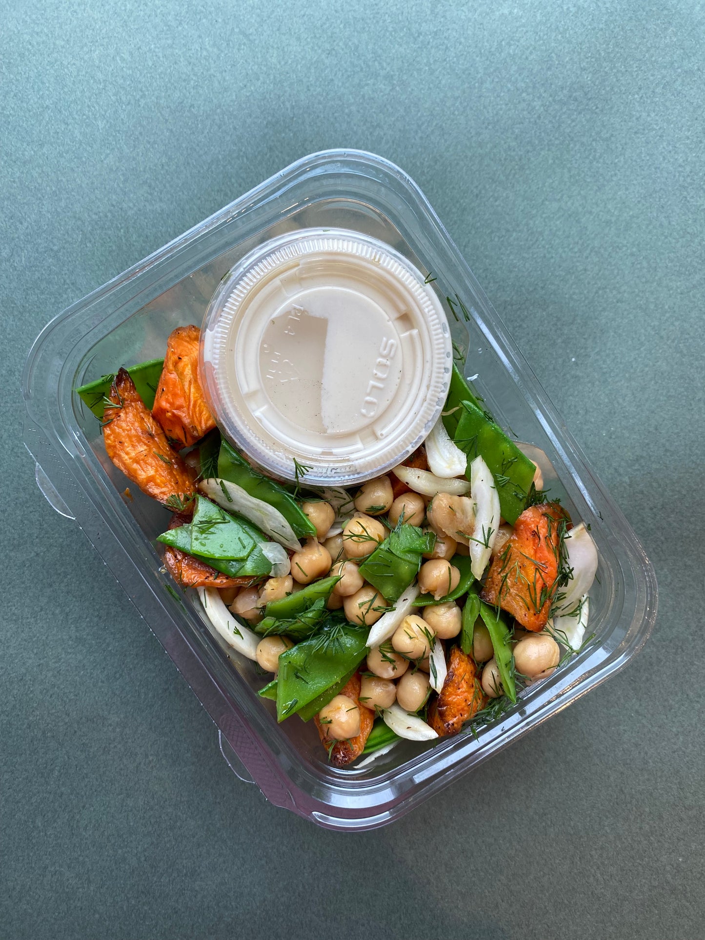 Tahini Chickpea Salad with Snow Peas and Roasted Carrots