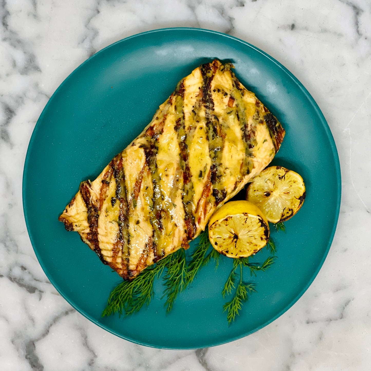 Mustard Dill Salmon with Charred Lemon