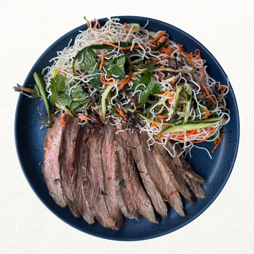 Steak & Rice Noodle Salad with Mustard Greens, Herbs, and Miso Vinaigrette
