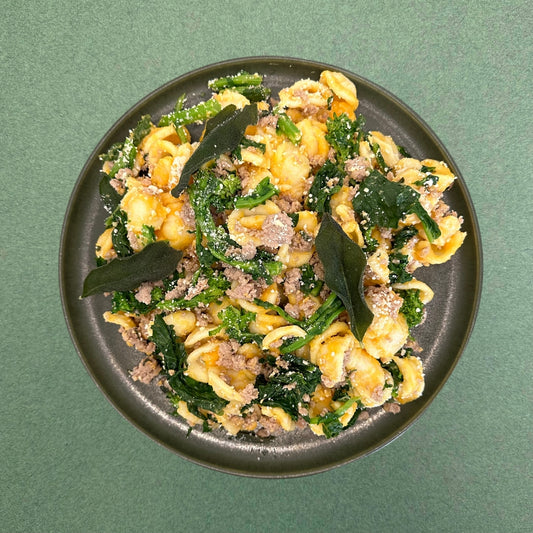 Orecchiette with Turkey Sausage, Broccoli Rabe, and Squash