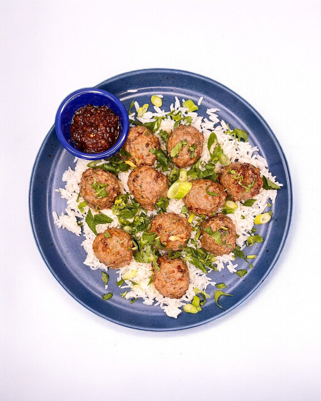Beef & Scallion Meatballs with Rice, Sesame, & Carrot-Chili Sauce