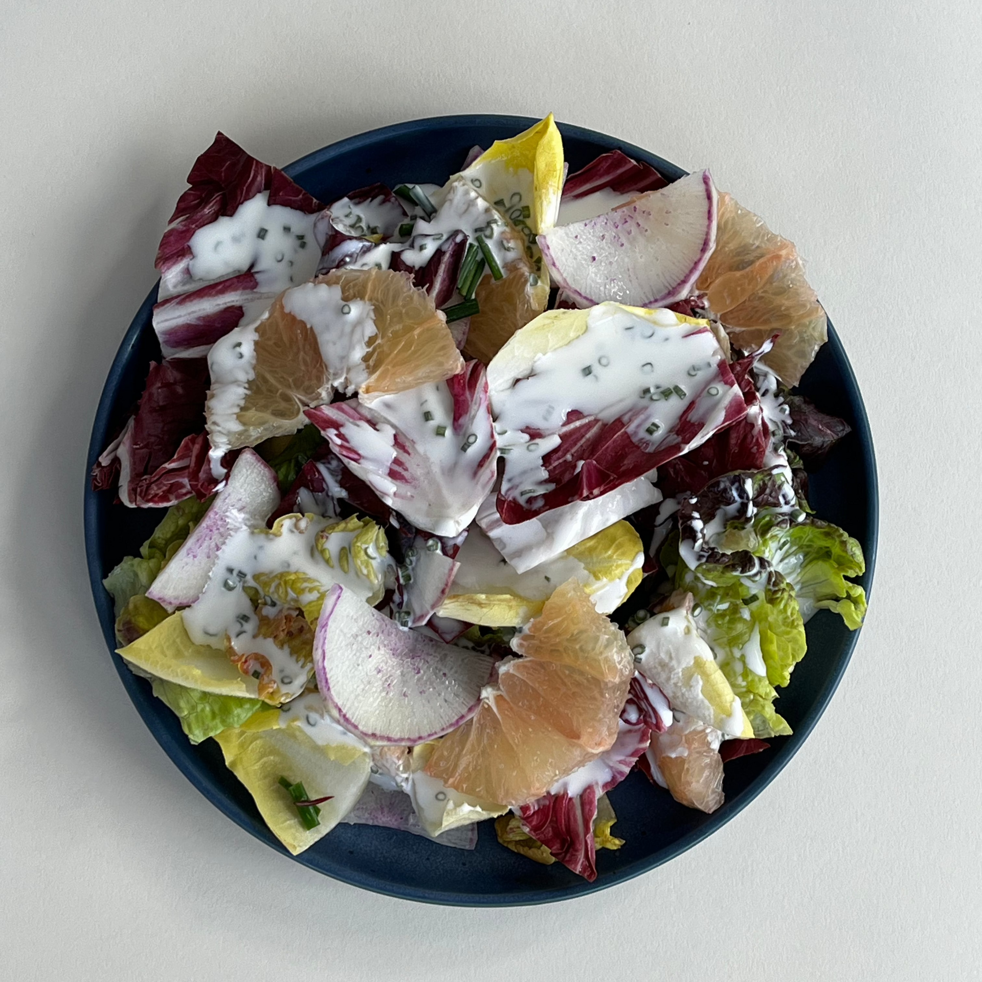 Castelfranco Salad with Grapefruit, Purple Radish & Buttermilk Dressing