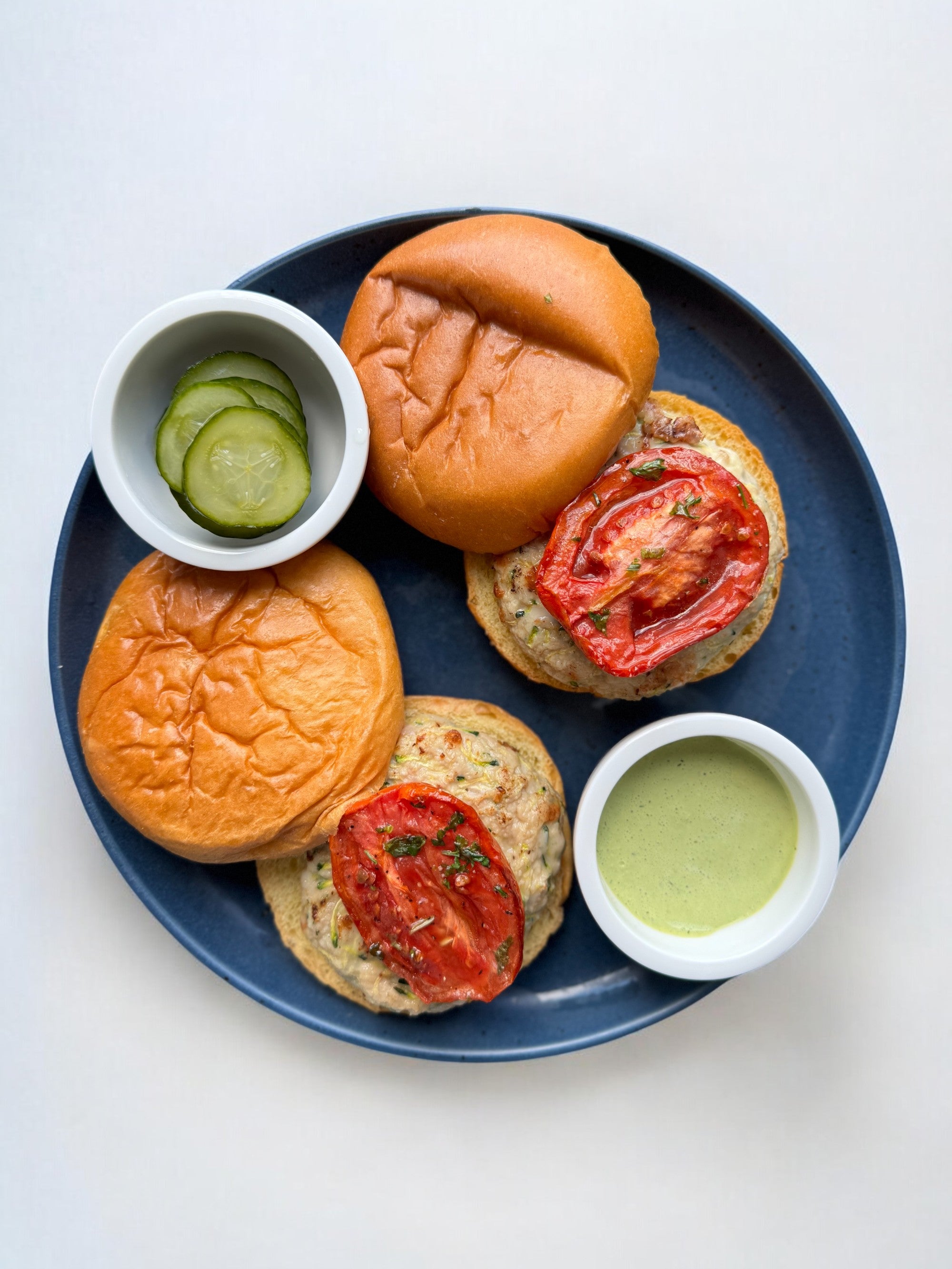 Chicken Zucchini Burgers with Homemade Pickles and Green Goddess