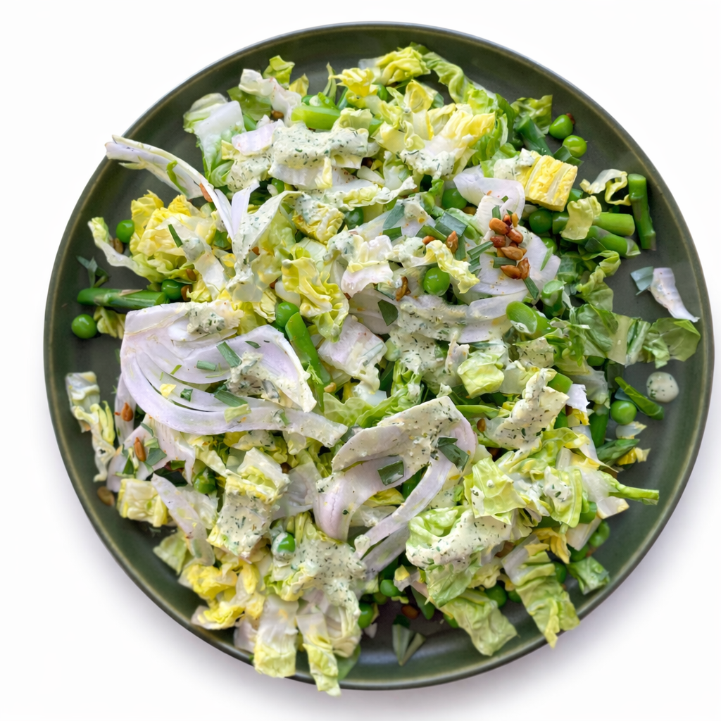 Chopped Baby Gem Lettuces with Peas, Asparagus, Fennel, and Champagne Vinaigrette