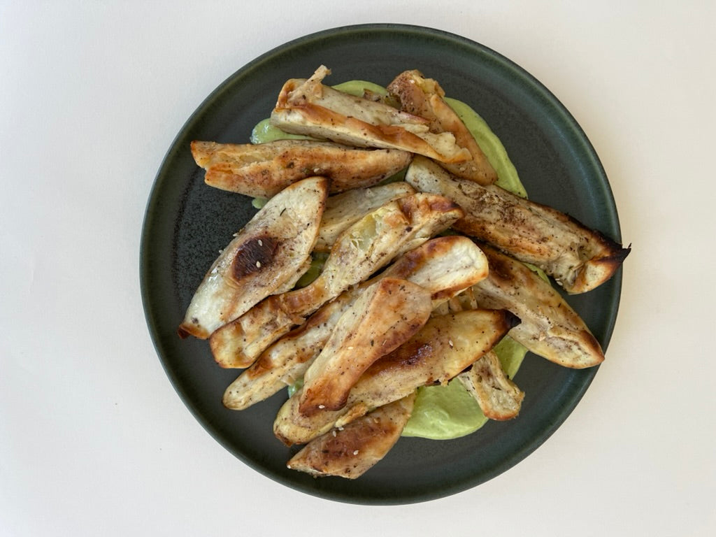 Za'atar Roasted Sweet Potatoes with Green Tahini Dip