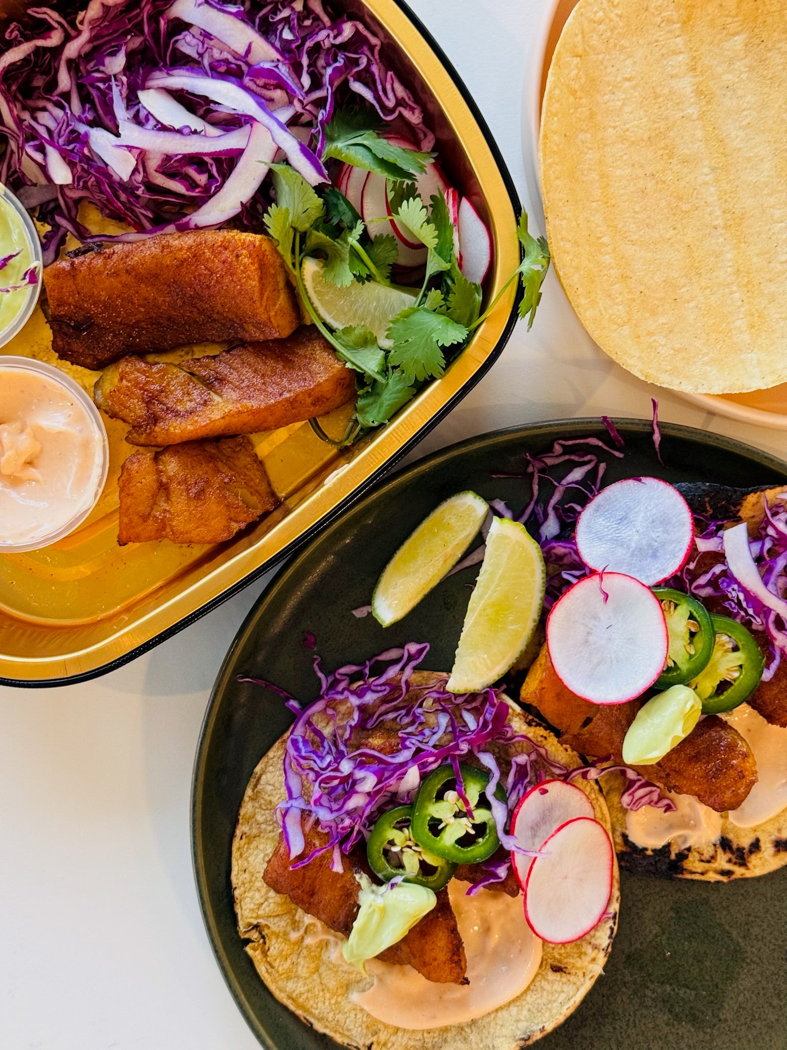 Fish Tacos with Avocado Crema