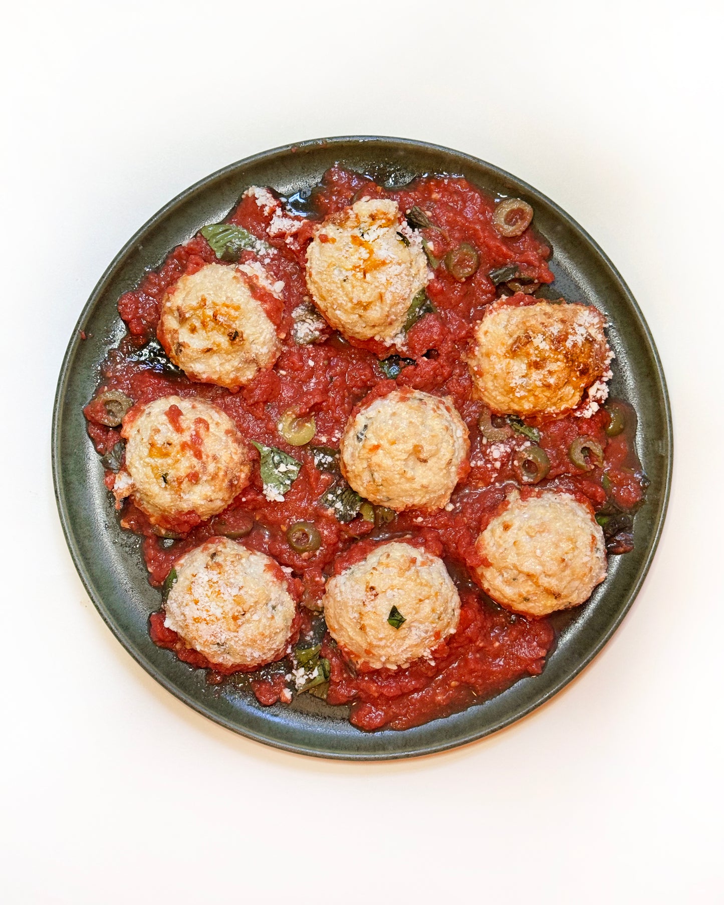 GF Chicken Meatballs with Ricotta, Parmesan, and Olives