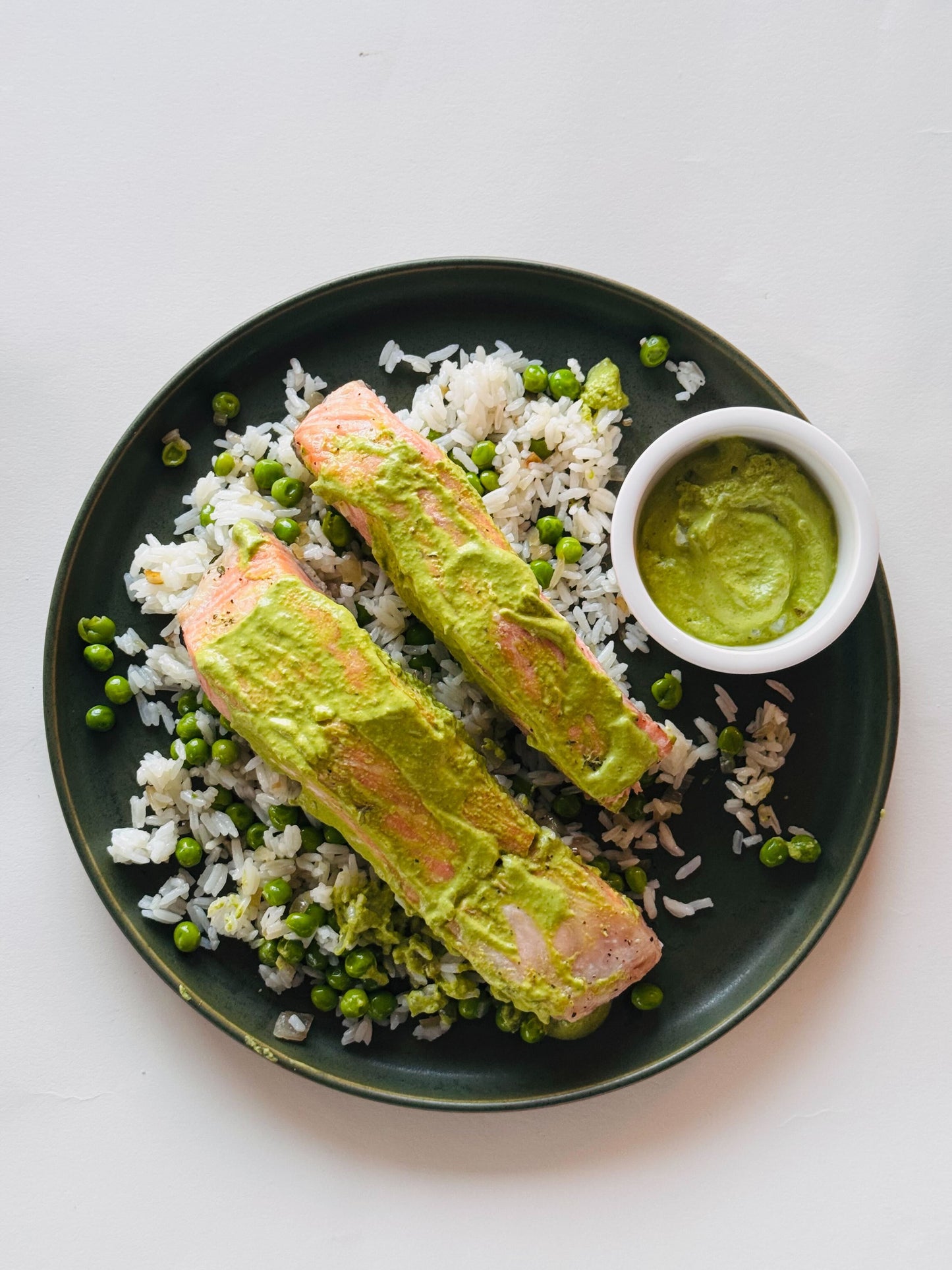 Green Goddess Salmon with Shallot-y Rice and Peas