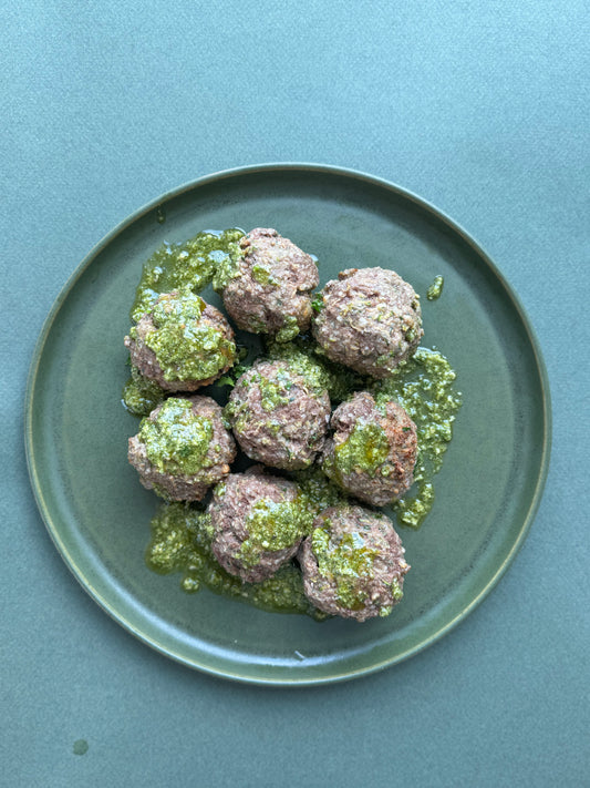 Meatballs with Zucchini and Sunflower Seed Pesto