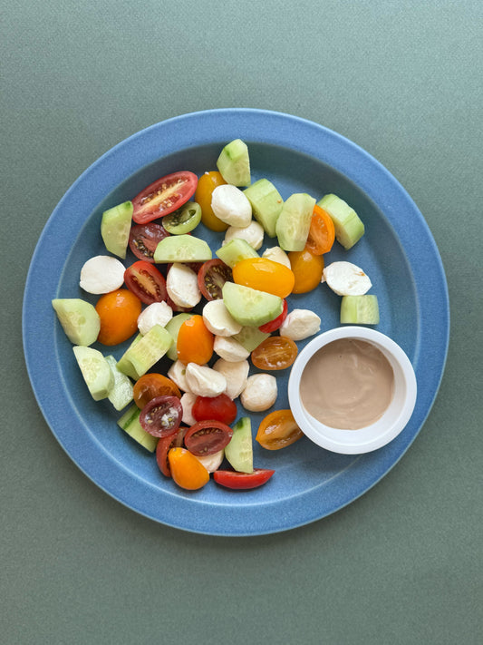 For the Littles: Mini Tomato & Cucumber Caprese with Balsamic Dip