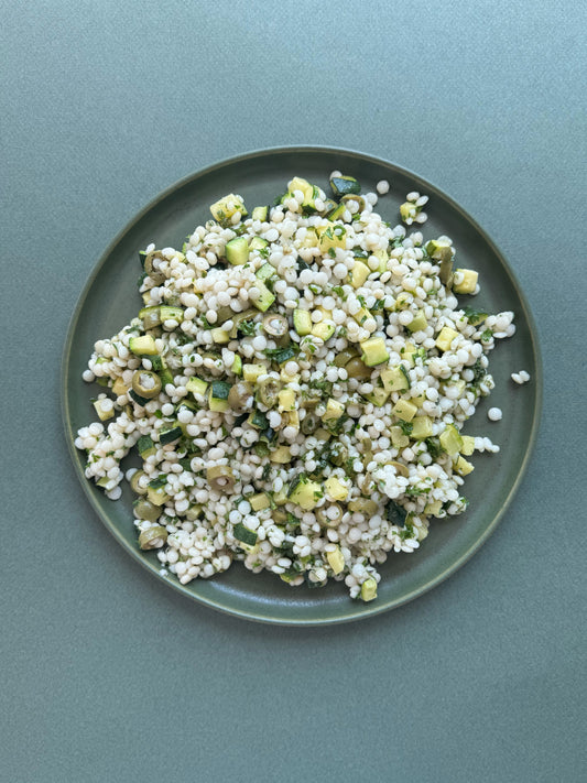 Israeli Couscous with Grilled Zucchini, Olives, and Salsa Verde