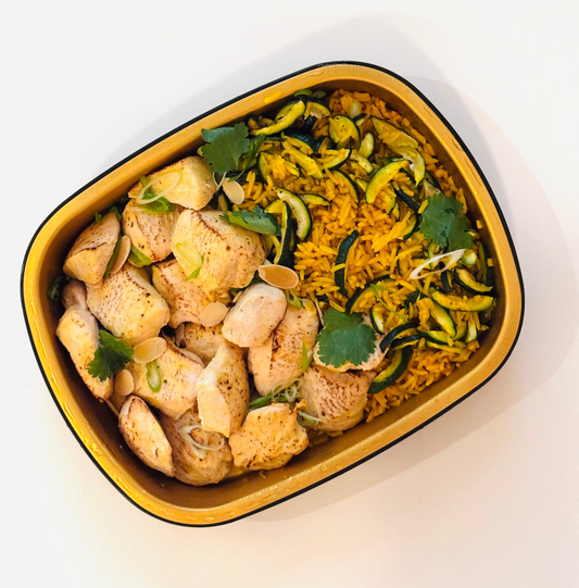 Yogurt-Marinated Chicken with Yellow Rice & Zucchini