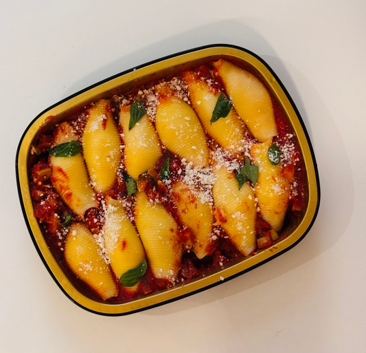 Stuffed Shells with Yellow Squash Bolognese