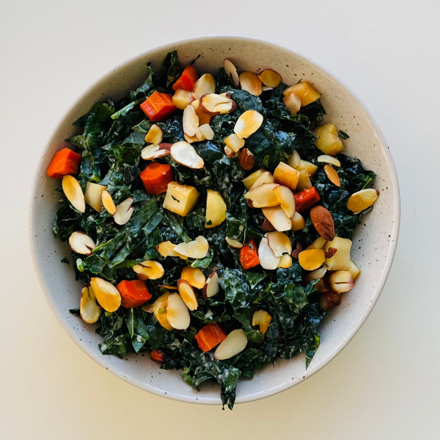 Kale Tahini Salad with Almonds and Roasted Carrots