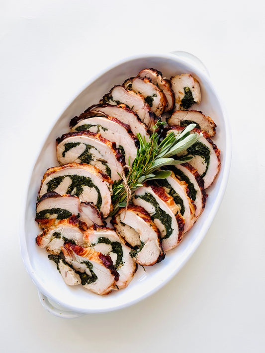 Cider-Brined Turkey Breast Roulade with Swiss Chard and Gravy