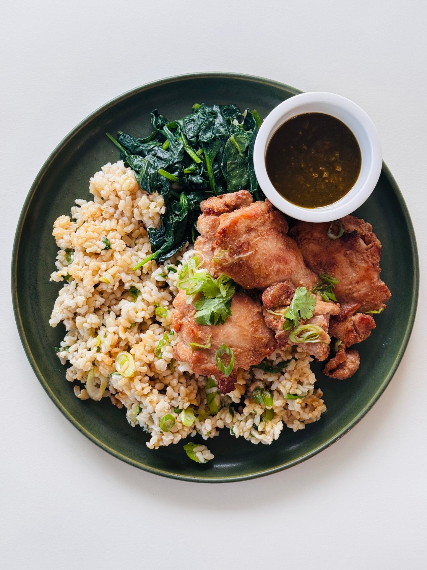 Sweet Sticky Soy-Glazed Chicken Thighs with Spinach Brown Rice