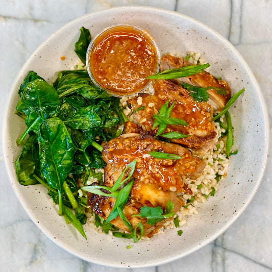 Sweet & Sticky Soy-Glazed Chicken Thighs with Spinach & Brown Rice