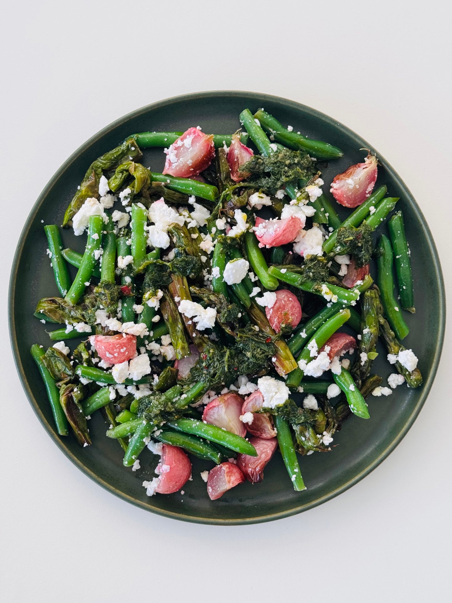 Asparagus and Green Beans with Feta and Salsa Verde