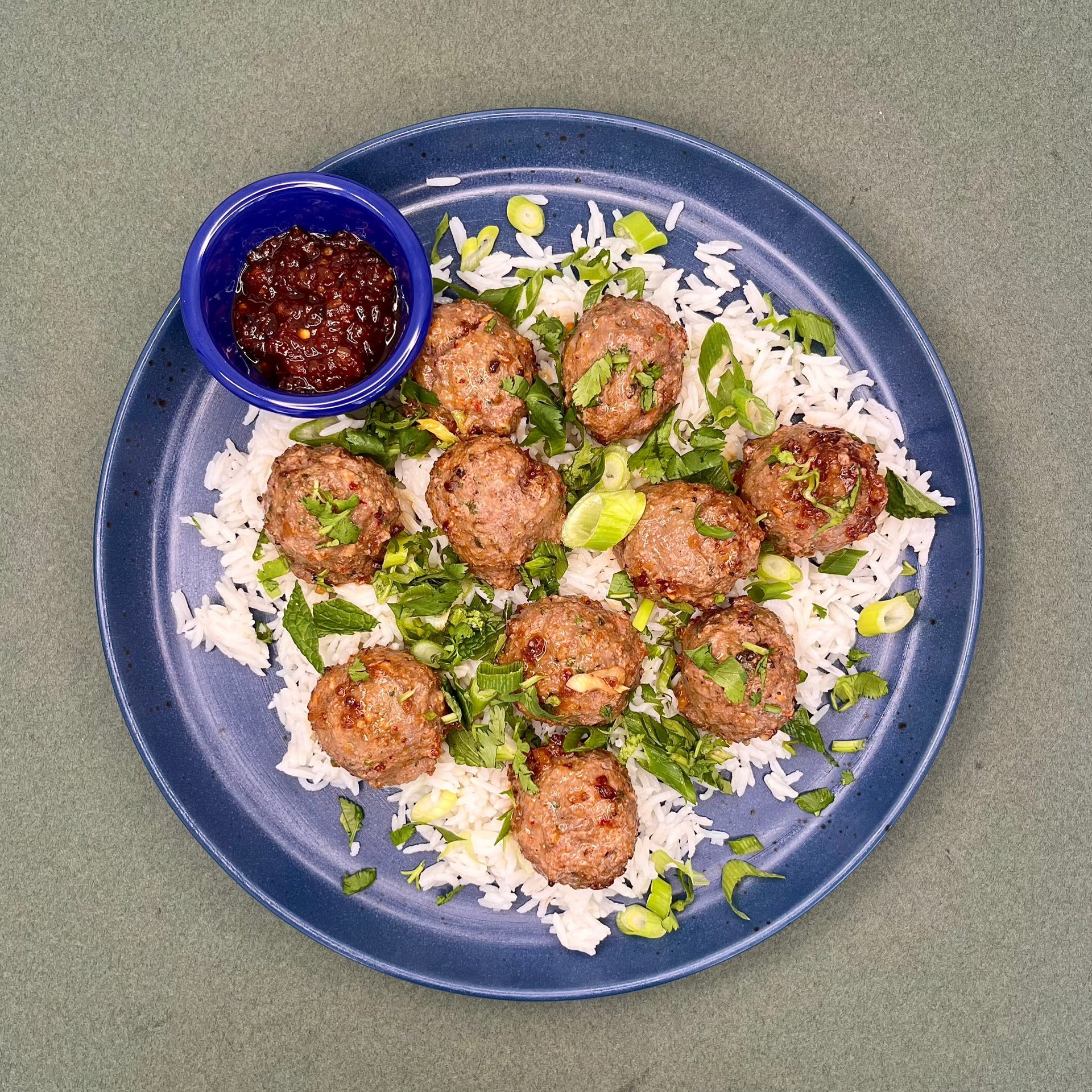 Beef & Scallion Meatballs with Rice, Sesame, & Carrot-Chili Sauce