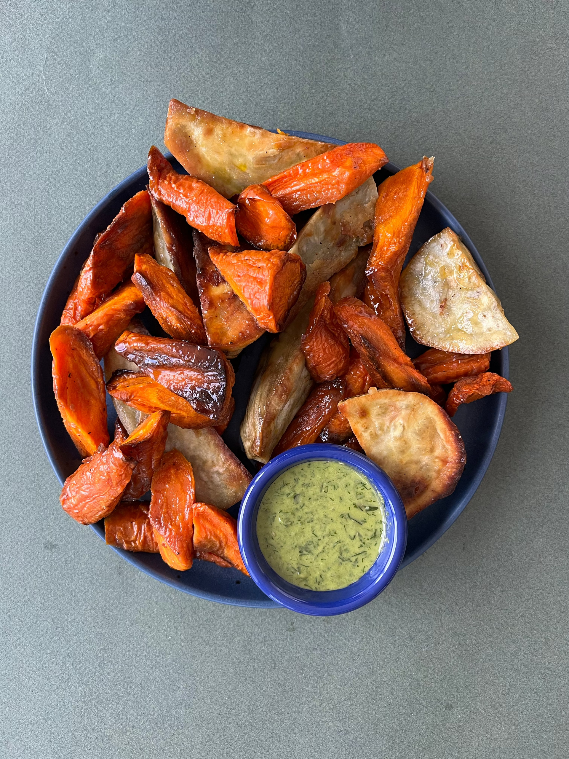 Roasted White Sweet Potatoes and Carrots with Salsa Verde