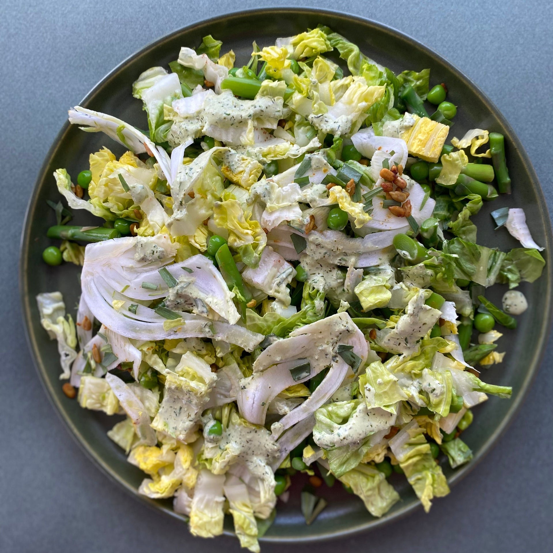 Chopped Baby Gem Lettuces with Peas, Asparagus, Fennel and Champagne Vinaigrette