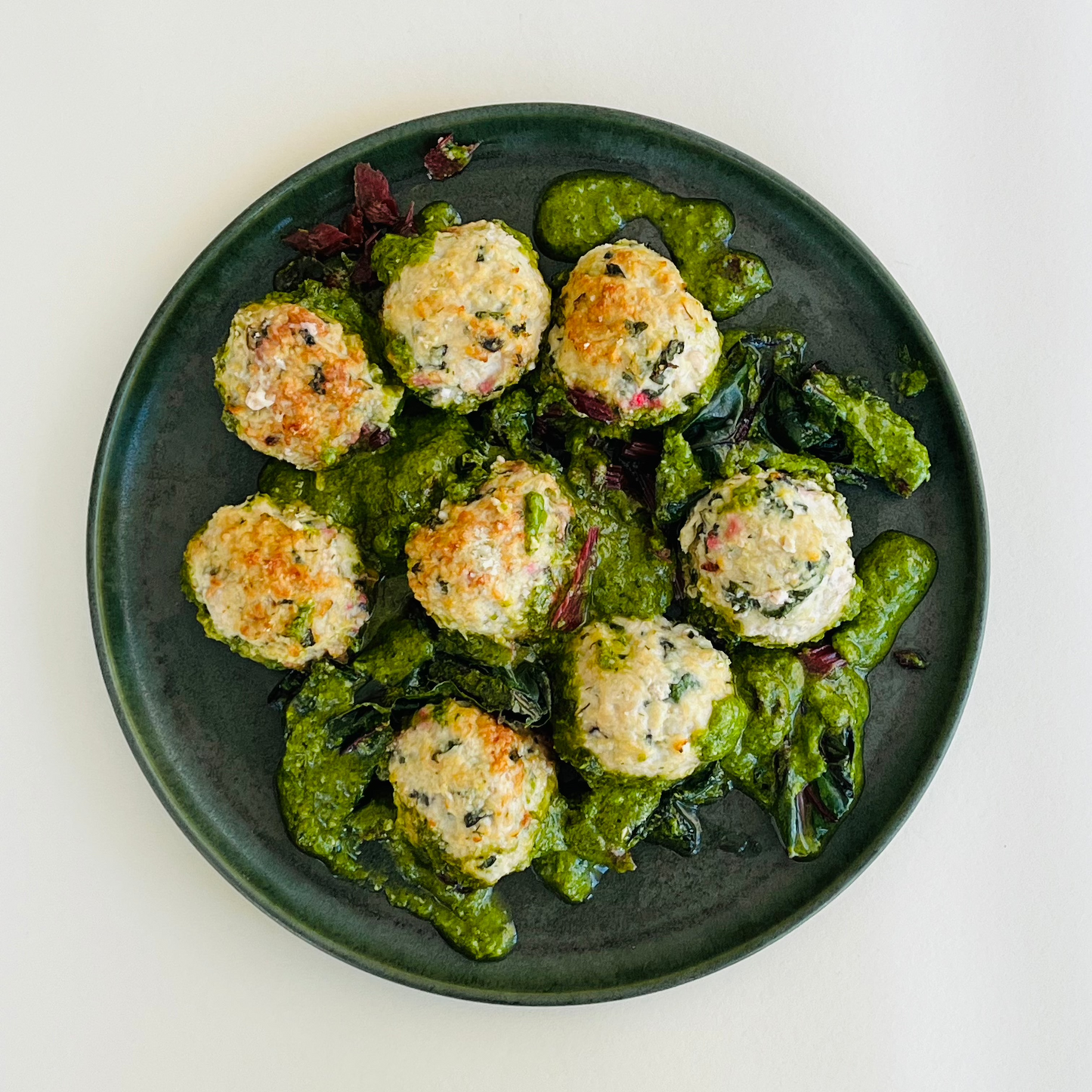 GF Parmesan Chicken Meatballs with Pesto and Swiss Chard