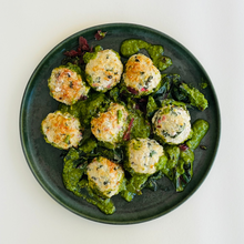 GF Parmesan Chicken Meatballs with Pesto and Swiss Chard