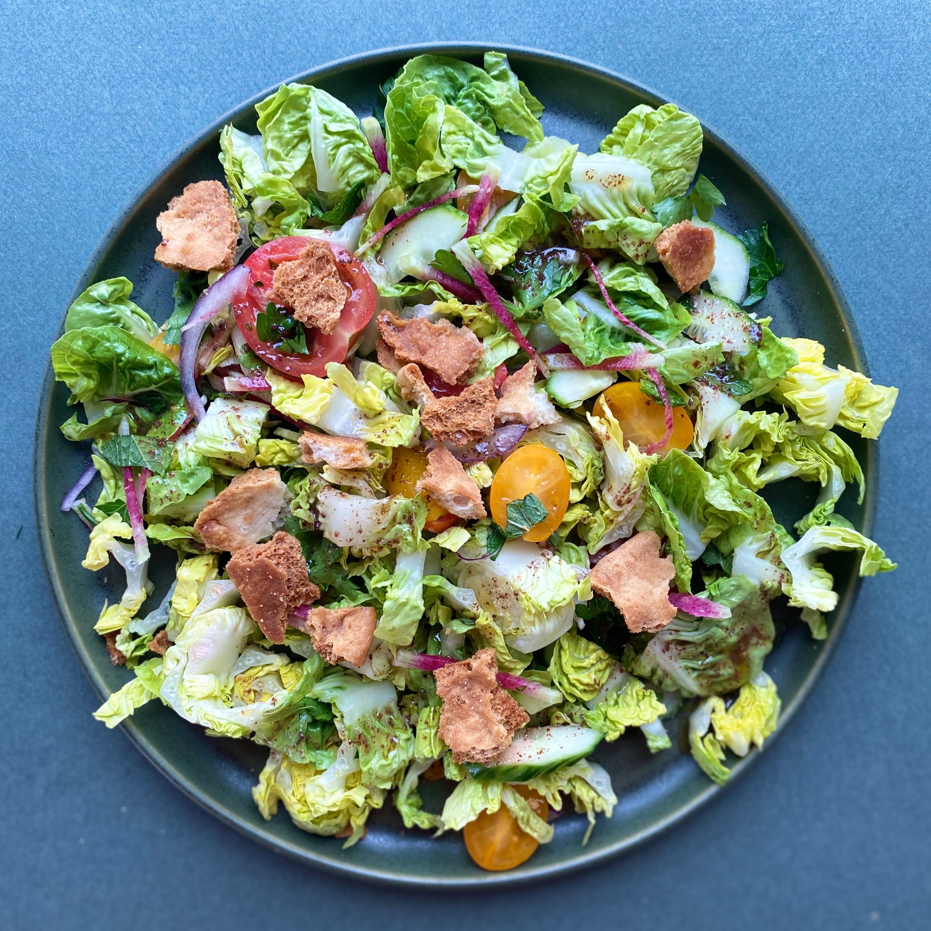 Gem Lettuce Fattoush Salad with Lemon Sumac Vinaigrette