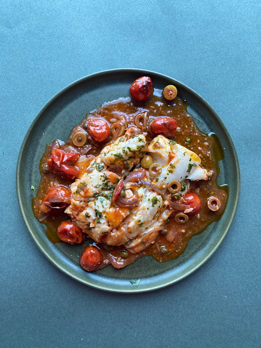 Ligurian-Style Cod with Tomatoes, Capers, and Olives