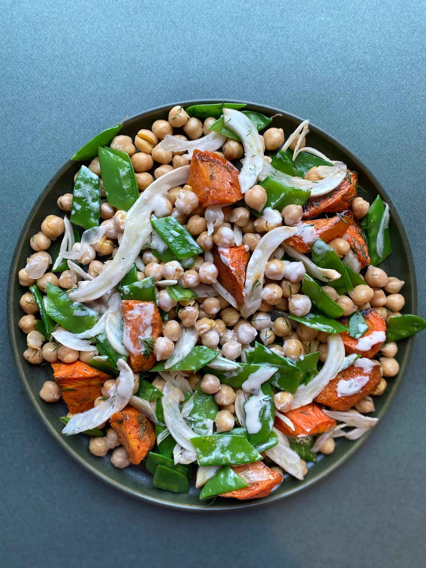 Tahini Chickpea Salad with Snow Peas and Roasted Carrots