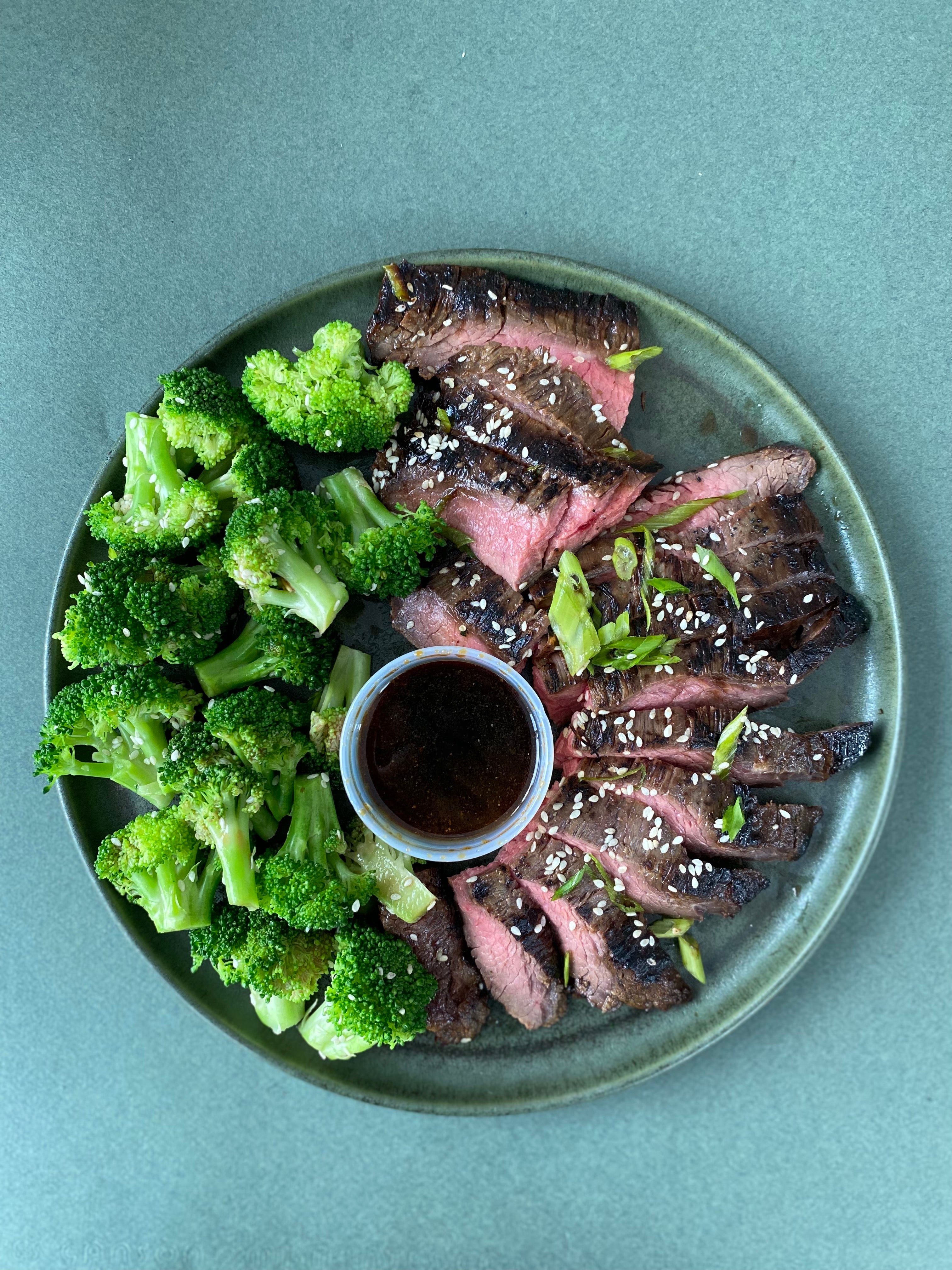 Prime Hanger Steak and Steamed Broccoli with Ginger Teriyaki