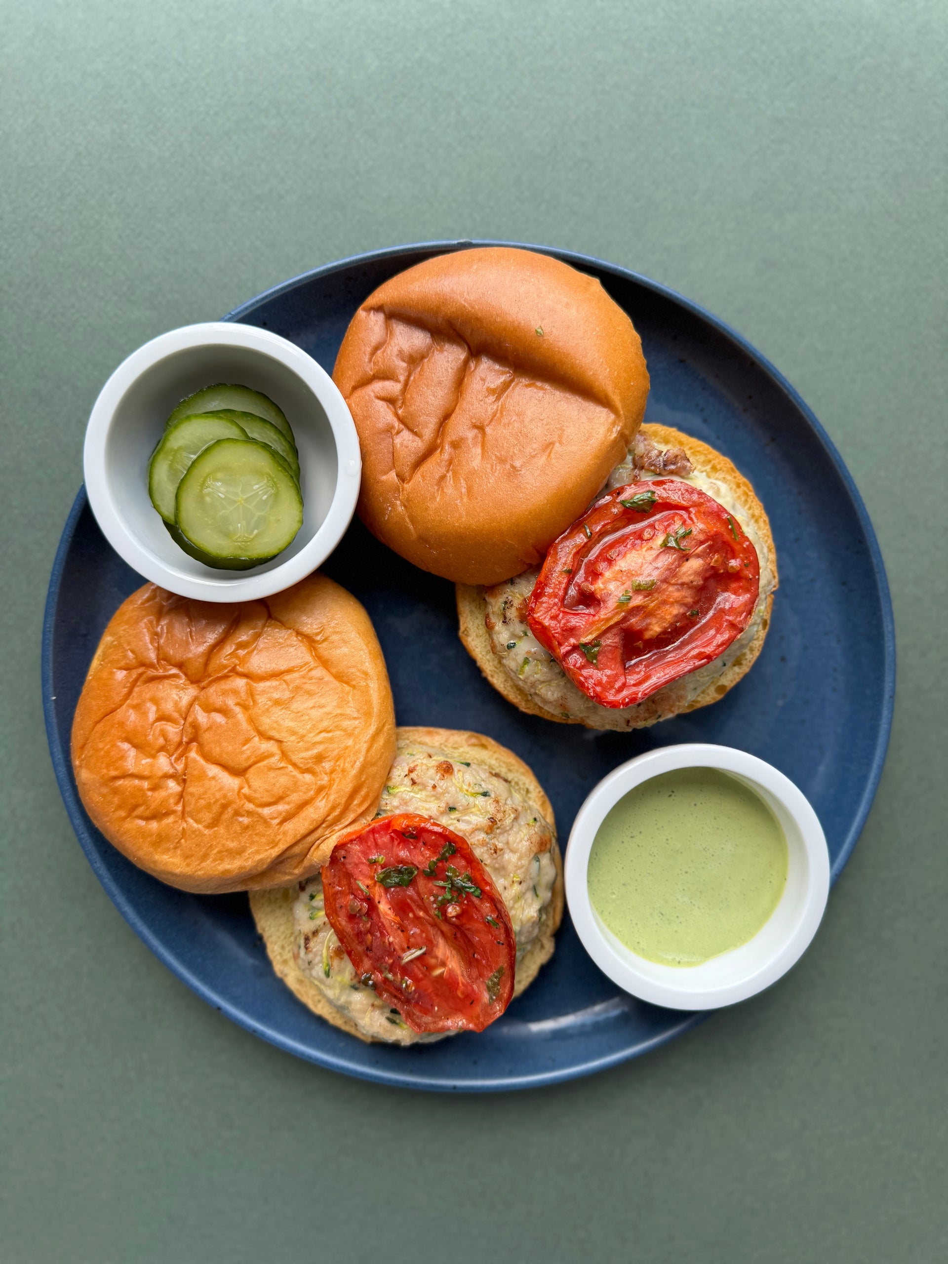 Chicken Zucchini Burgers with Homemade Pickles and Green Goddess