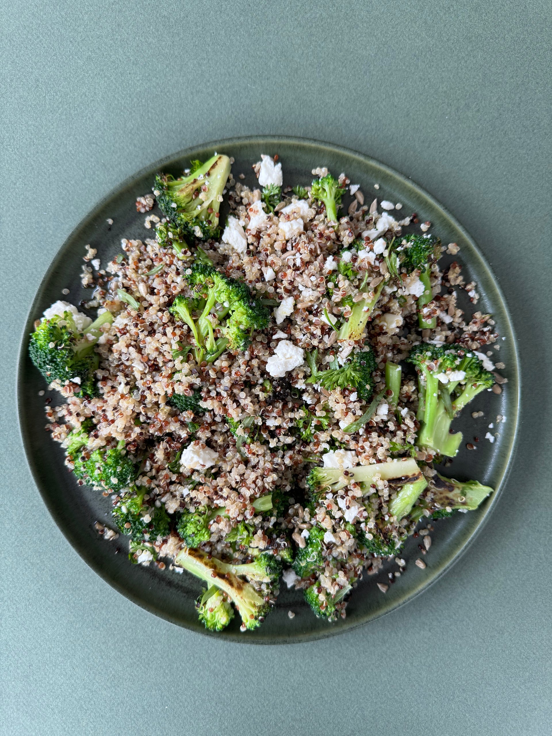 Grilled Broccoli with Quinoa, Feta, and Sunflower Seeds