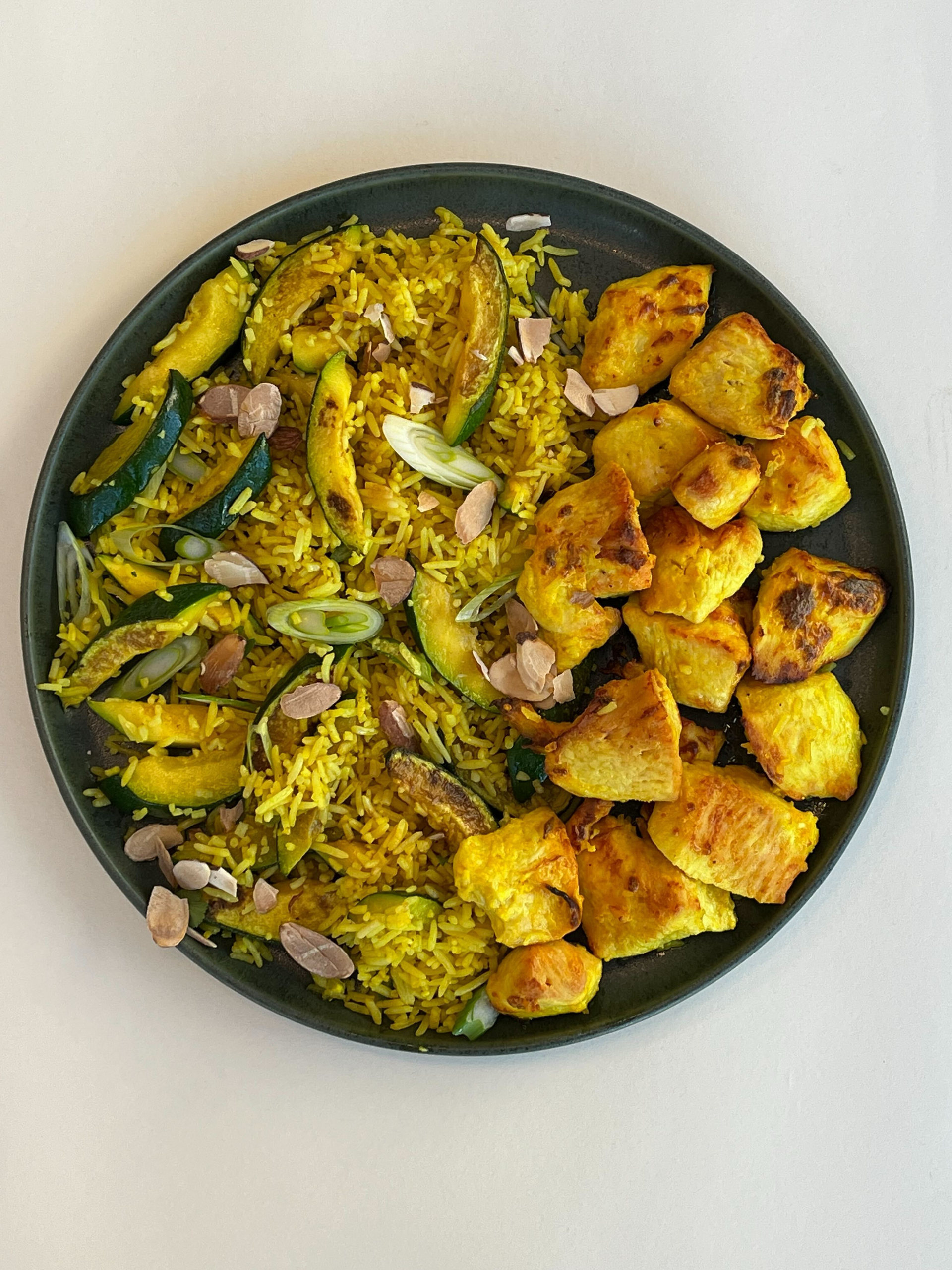Yogurt-Marinated Chicken with Yellow Rice & Zucchini