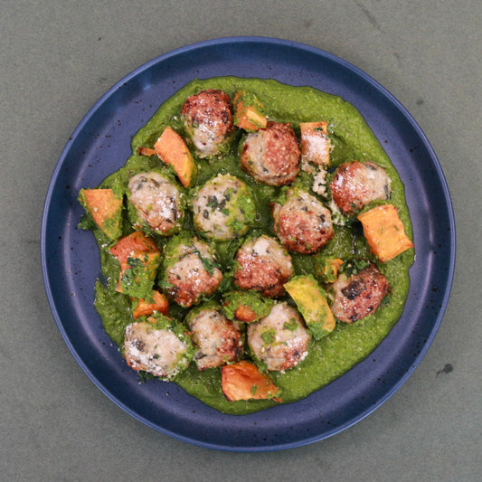 GF Chicken & Spinach Meatballs with Sweet Potatoes and Pesto
