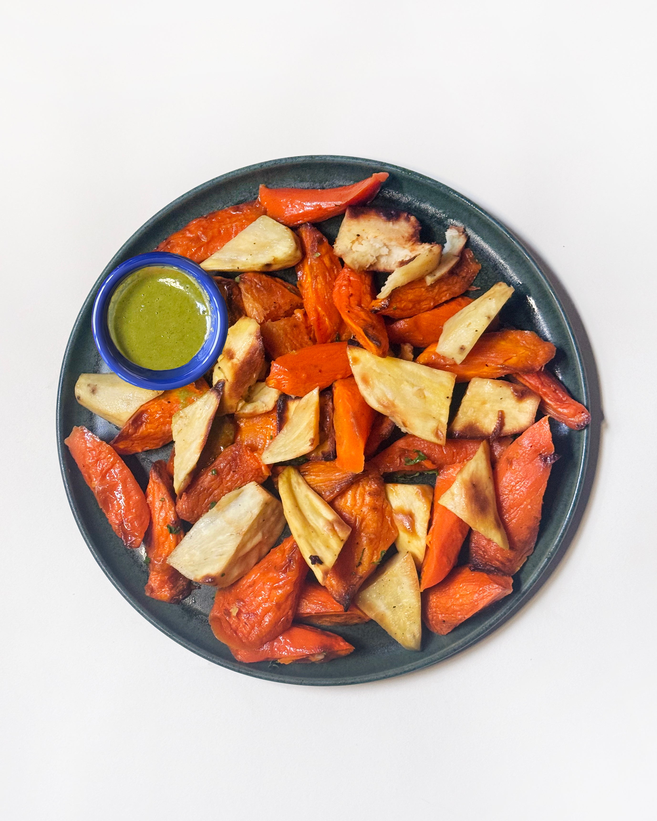 Roasted White Sweet Potatoes and Carrots with Salsa Verde