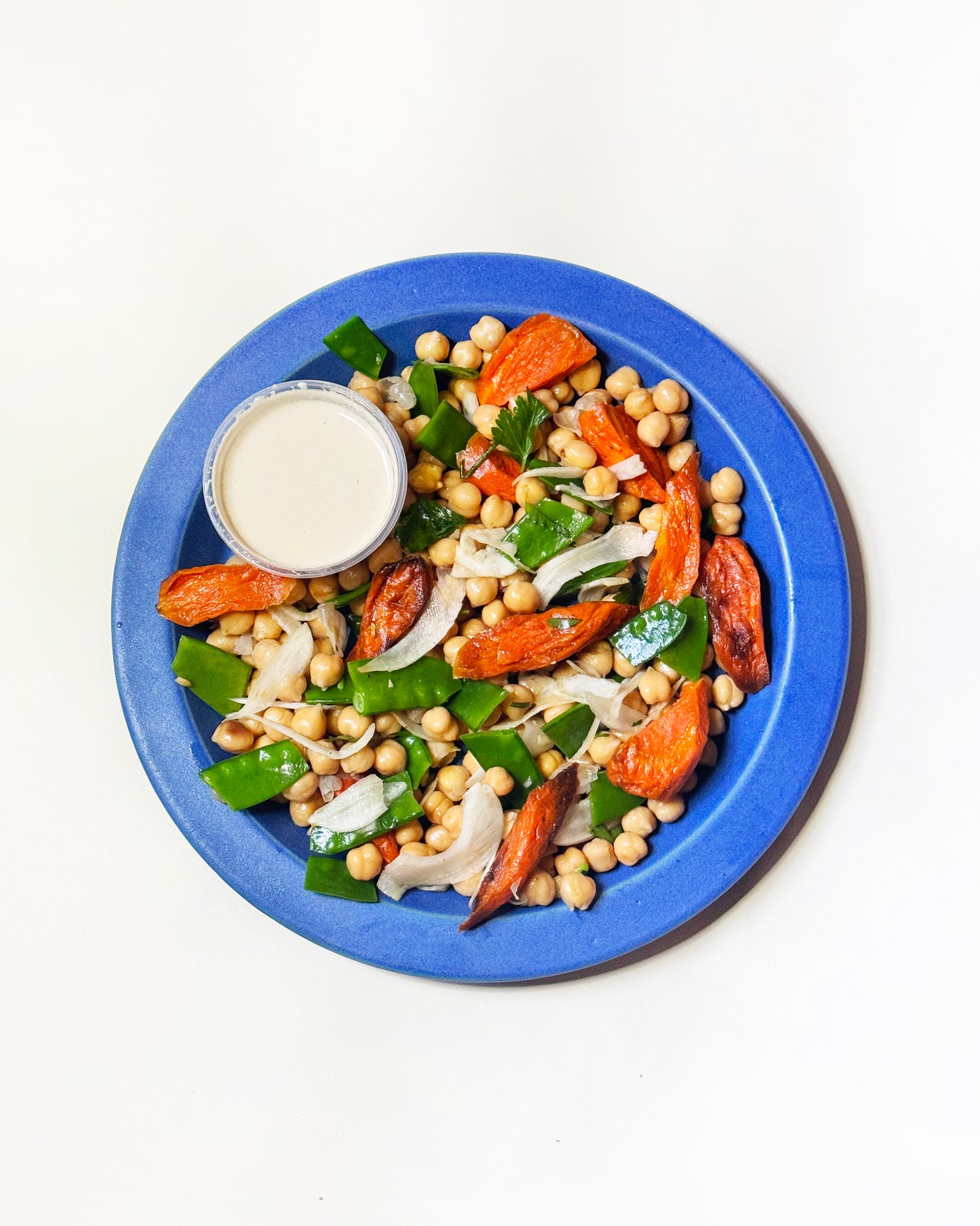 Tahini Chickpea Salad with Snow Peas and Roasted Carrots
