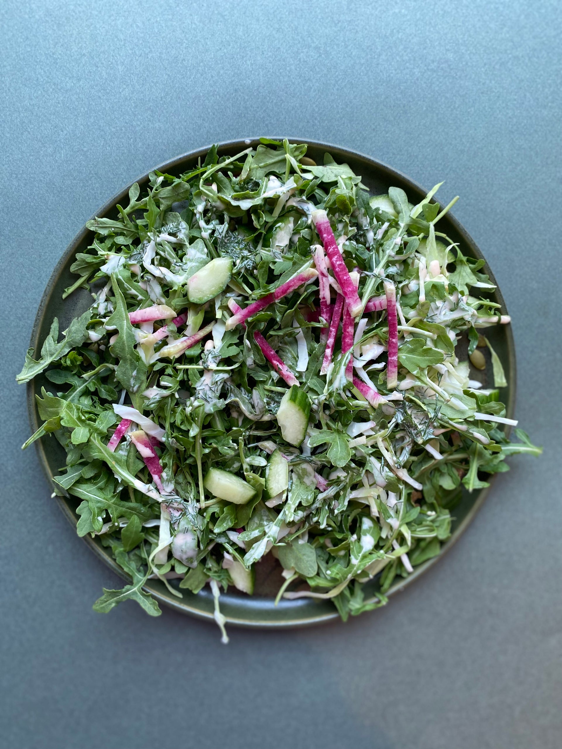 Crunchy Green Salad with Arugula, Cucumbers and Vegan Ranch