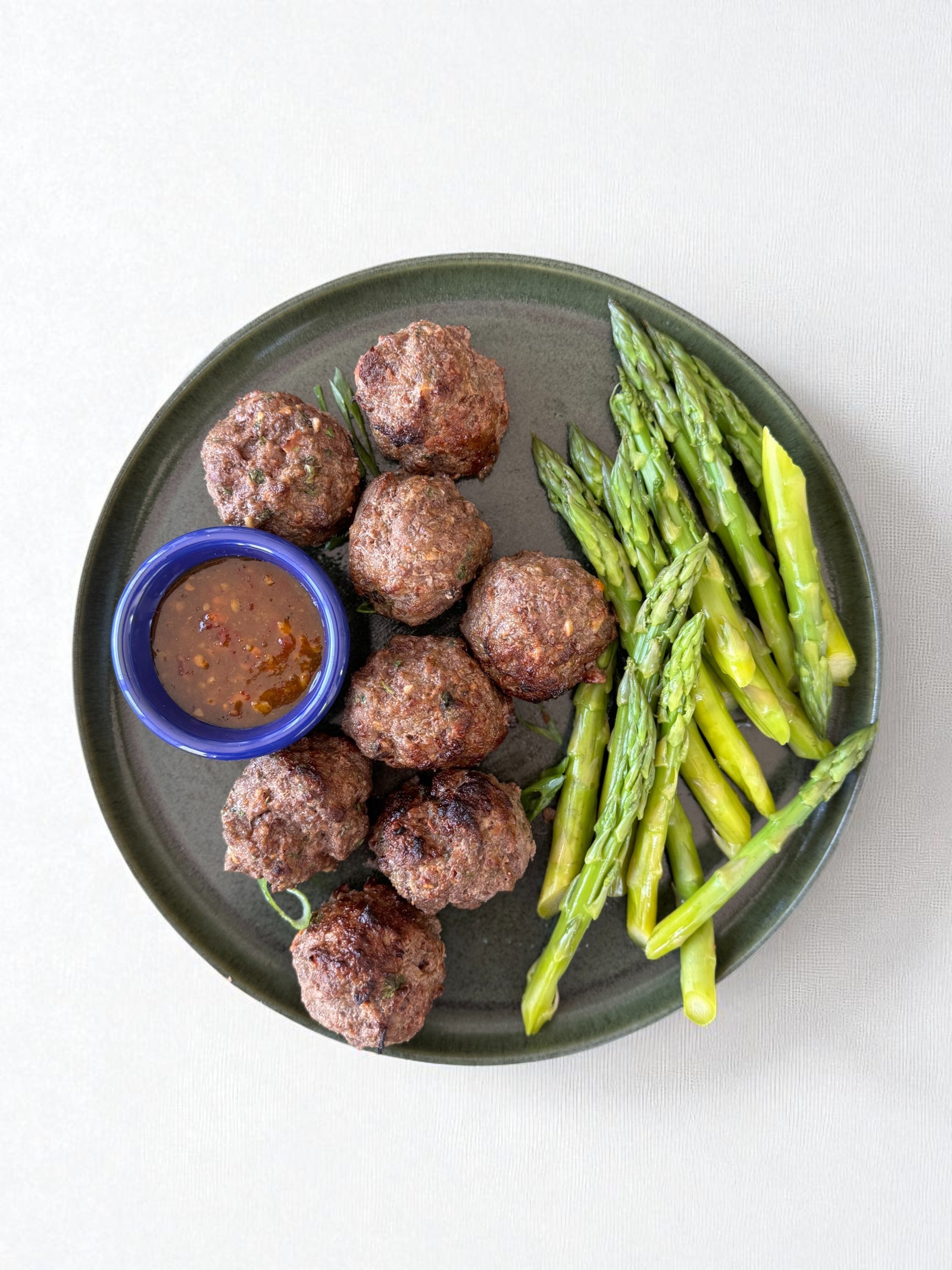 GF Ginger-Scallion Beef Meatballs with Asparagus and Carrot-Chili Sauce