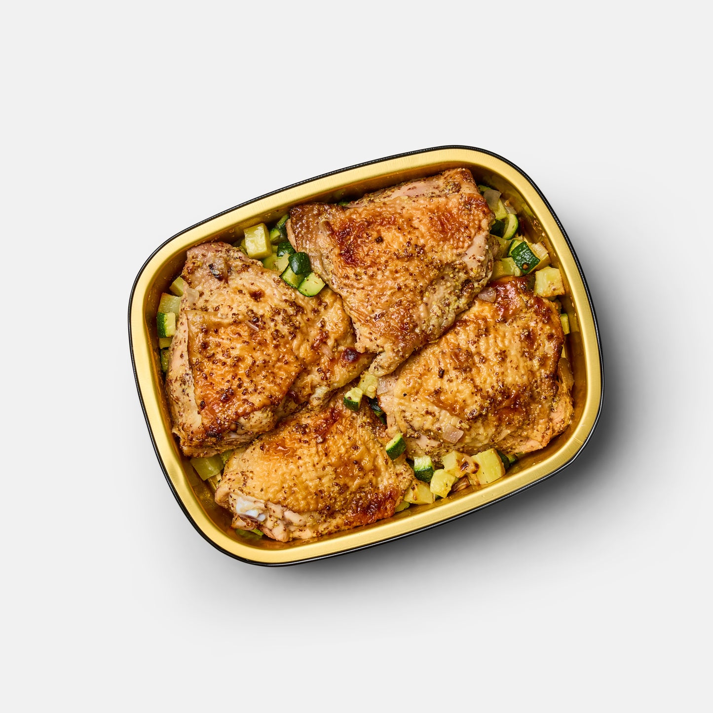 Mustard Rubbed Chicken Thighs with Zucchini Hash