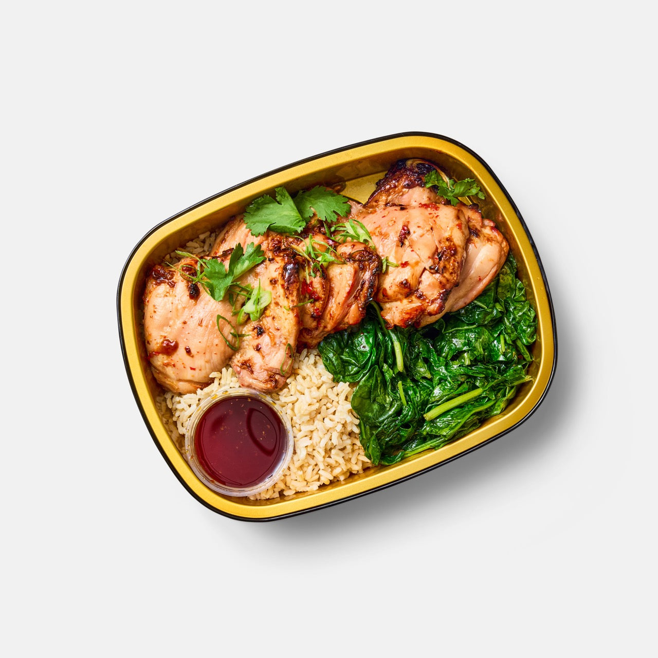 Sweet & Sticky Soy Glazed Chicken Thighs with Spinach and Brown Rice