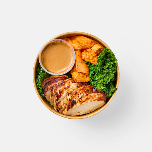 Chicken, Kale, Roasted Sweet Potatoes with Balsamic Dijon Vinaigrette