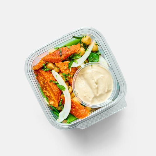 Tahini Chickpea Salad with Snow Peas and Roasted Carrots