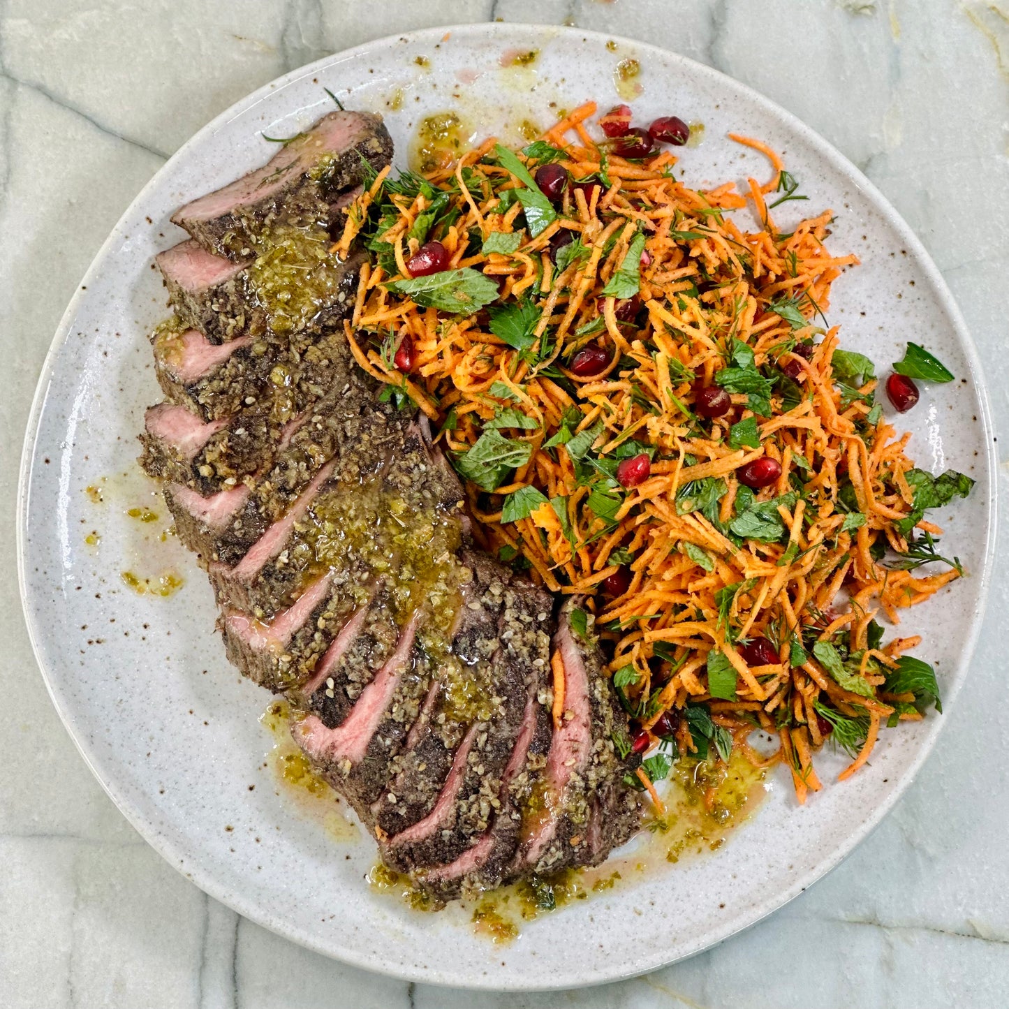 Mediterranean Herb Steak with Carrot and Pomegranate Salad