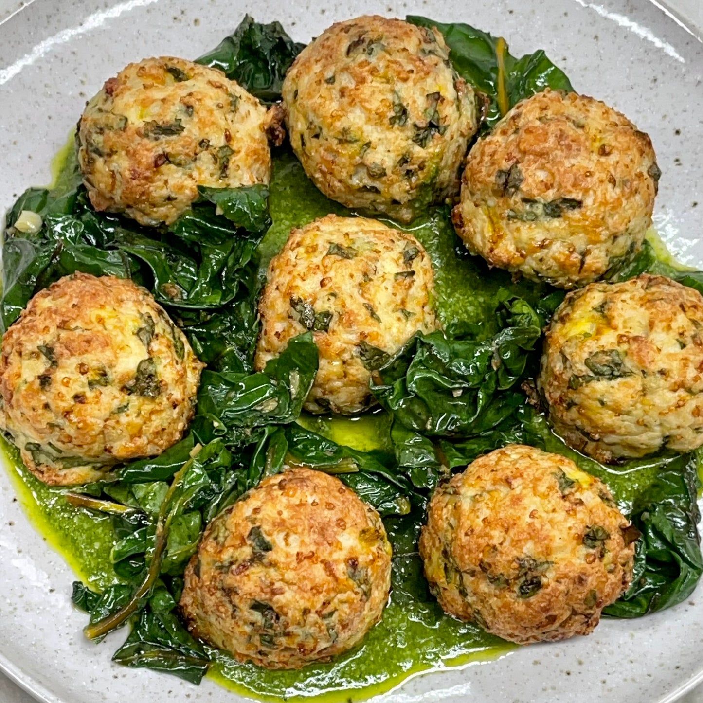 GF Parmesan Chicken Meatballs with Pesto and Swiss Chard